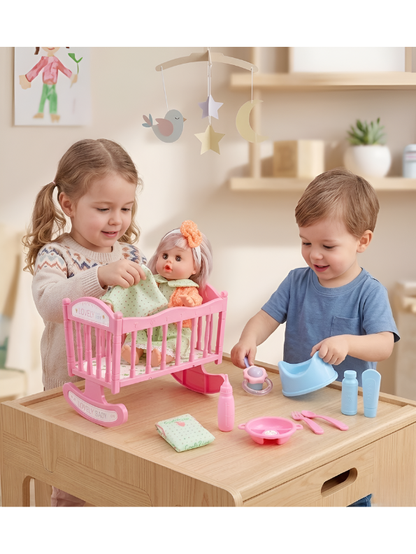 Lovely Baby Doll Playset with Rocking Cradle – Interactive Nursery Toy Set with Accessories for Kids, Educational Pretend Play Gift for Girls and Boys TV3641