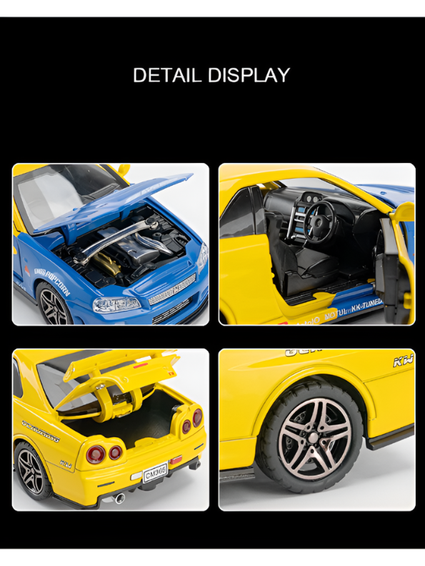 Nissan Skyline GT-R R34 Alloy Diecast Model Car - 1:32 Openable Doors, Hood & Trunk - JDM Collectible Toy Vehicle with Detailed Interior TV5806