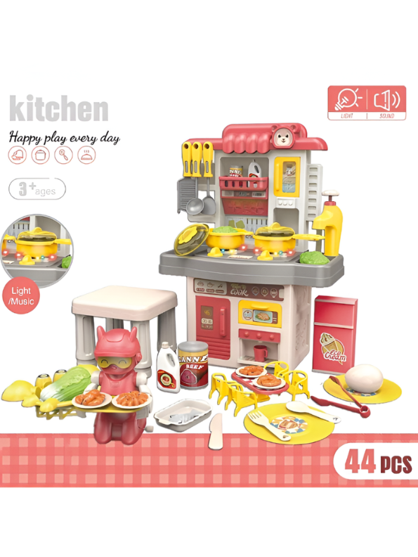 44-Piece Kids Kitchen Playset with Realistic Sound & Light, Water Circulation Sink, and Food-Serving Robot – Pretend Play Toy for Toddlers Ages 3+ TV5783