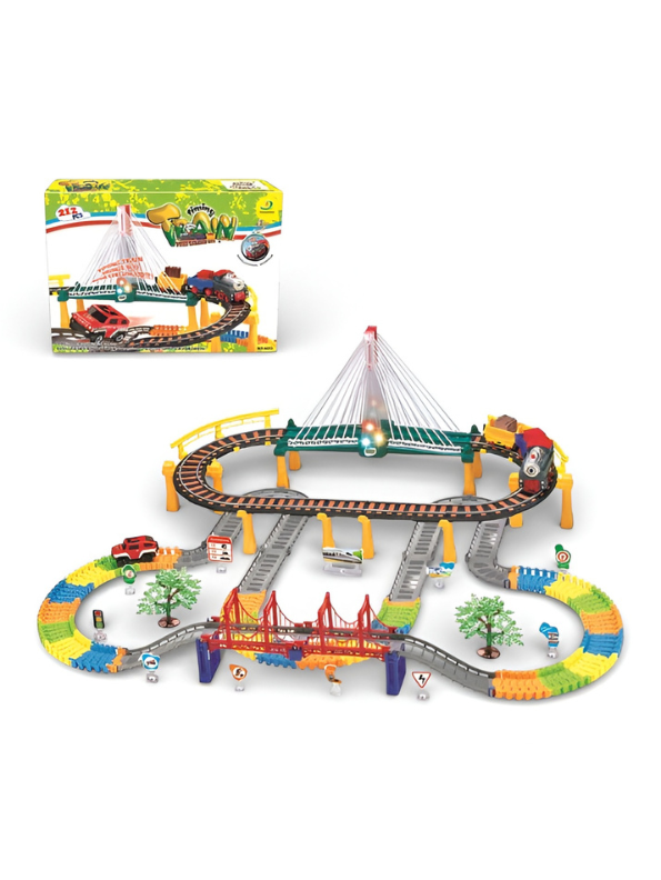 Electric Train and Race Car Track Set with Dual Bridges, 212-Piece Flexible Tracks, Light-Up Musical Locomotive – Educational DIY Construction Toy for Kids TV1424