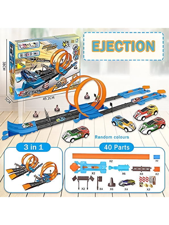 3-in-1 Dual-Lane Slot Car Race Track Set with Ejection Launch System, 360° Stunt Loops & 8 High-Speed Racing Cars – DIY Catapult Action Track Toy for Kids and Boys TV5029