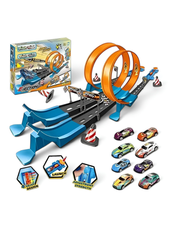 3-in-1 Dual-Lane Slot Car Race Track Set with Ejection Launch System, 360° Stunt Loops & 8 High-Speed Racing Cars – DIY Catapult Action Track Toy for Kids and Boys TV5029