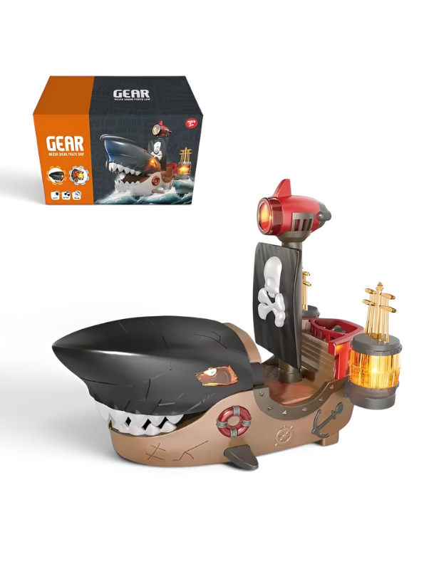 Battery-Operated Mecha Shark Pirate Ship Toy for Kids with LED Lights, Music & Obstacle Avoidance – Interactive Moving Boat Nautical Adventure Play Set TV4854