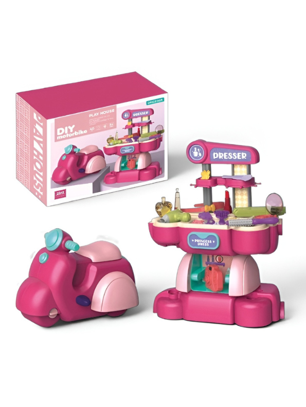 2-in-1 DIY Motorbike and Princess Dresser Toy Set for Kids – 40-Piece Creative Playset TV6028