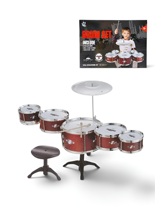 Toy Drum Set with Stool and Cymbal – 5-Piece Upgraded Junior Jazz Drums Musical Instrument for Toddlers & Children, Includes Drumsticks, Sparkling Red TV6033