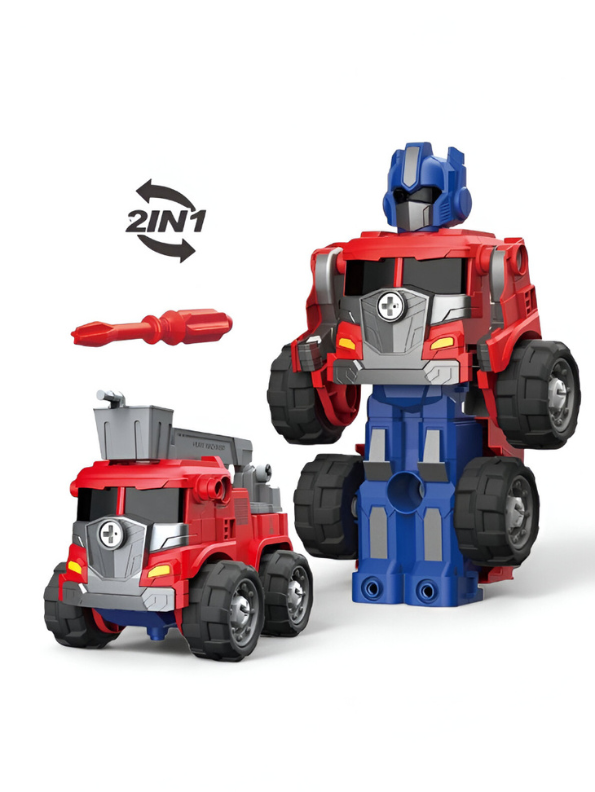 Transforming Fire Truck Robot Toy – 2-in-1 Mecha Vehicle for Kids with Screwdriver Tool | Red & Blue Action Figure NX15615.