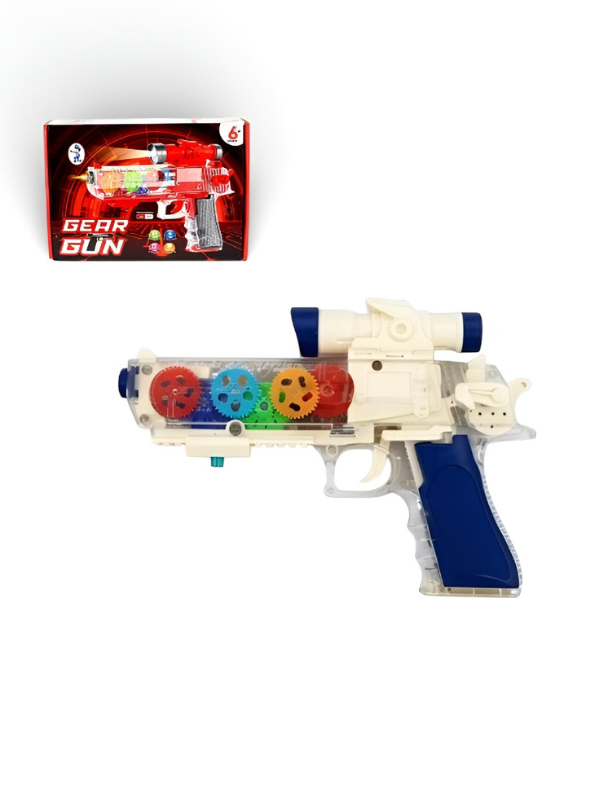 Transparent Gear Toy Gun with Flashing LED Lights, Sound Effects & Moving Gears White LMI16210.