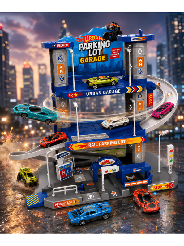 Urban 3-Level Parking Lot Garage Playset – Includes 4 Die-Cast Cars & Track Accessories TV6778