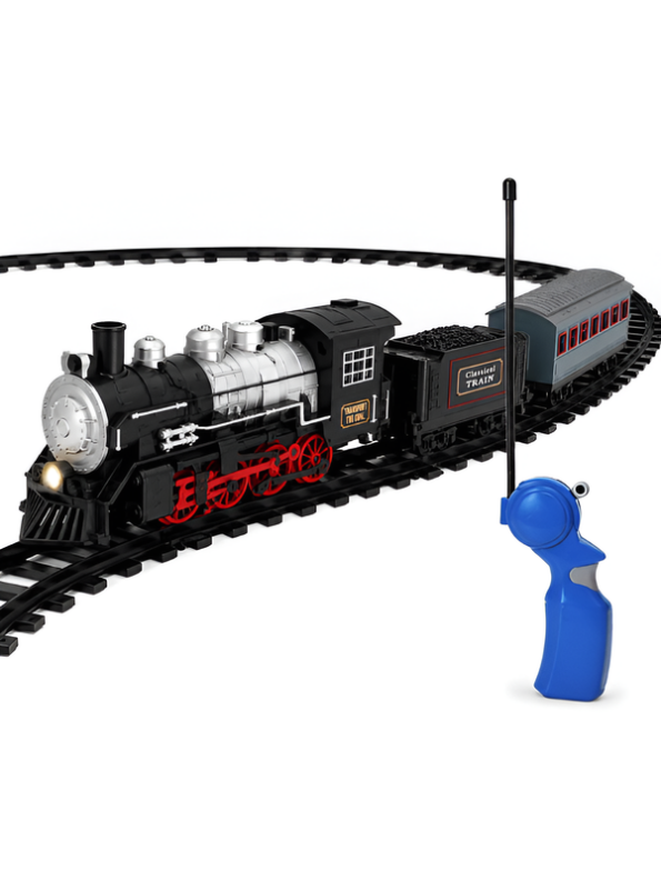 Vintage Remote Control Steam Train Set with Tracks – Battery Operated Toy Train with Locomotive Engine, Cargo Car, and 15-Piece Circular Track for Kids LMI16767