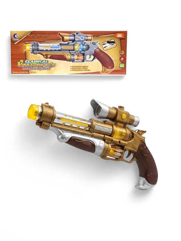 Vintage Steampunk Toy Gun – Gold Retro Electronic Revolver with Lights, Sound & Rotating Barrel TV4554.