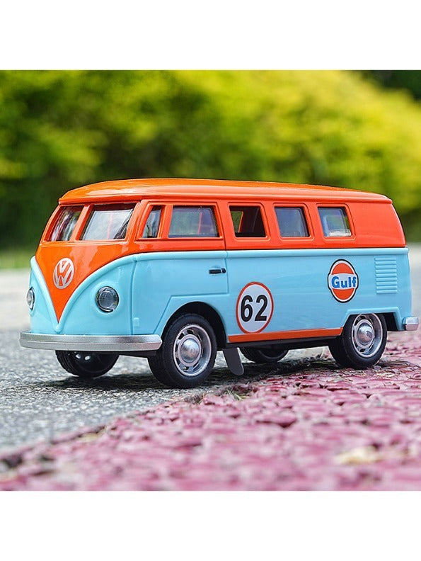 Volkswagen T1 Classic Bus Diecast Metal Toy Car - Gulf Livery - Pull Back Action with Lights & Sound - Scale 1/32.