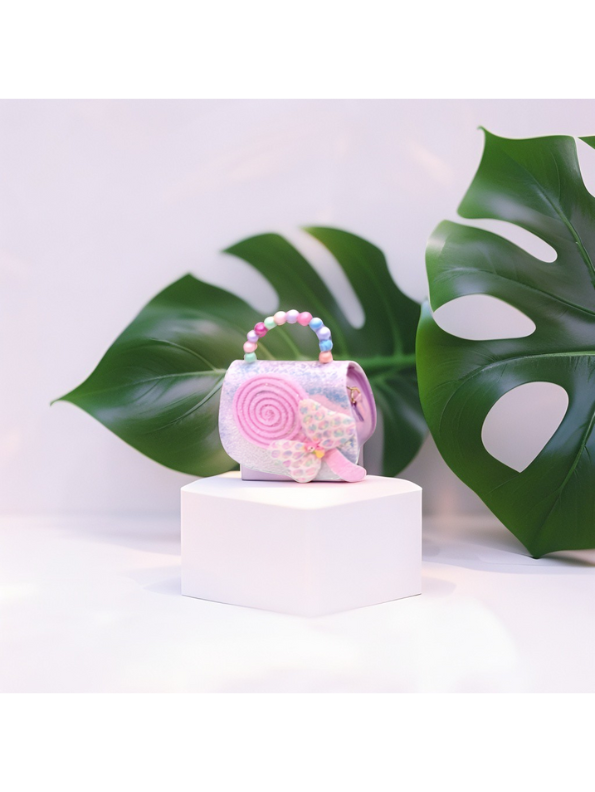 Pink - Whimsical Purple Butterfly & Lollipop Kids Handbag with Pastel Beaded Handle NOVGBT-50339.