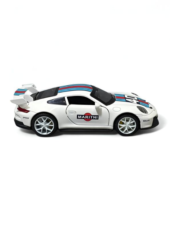 White - Porsche 911 GT3 RS Martini – Supercar Toy with Pull Back Action for Kids & Collectors F21008 Scale 1:32 - Acrylic Transparent Box.