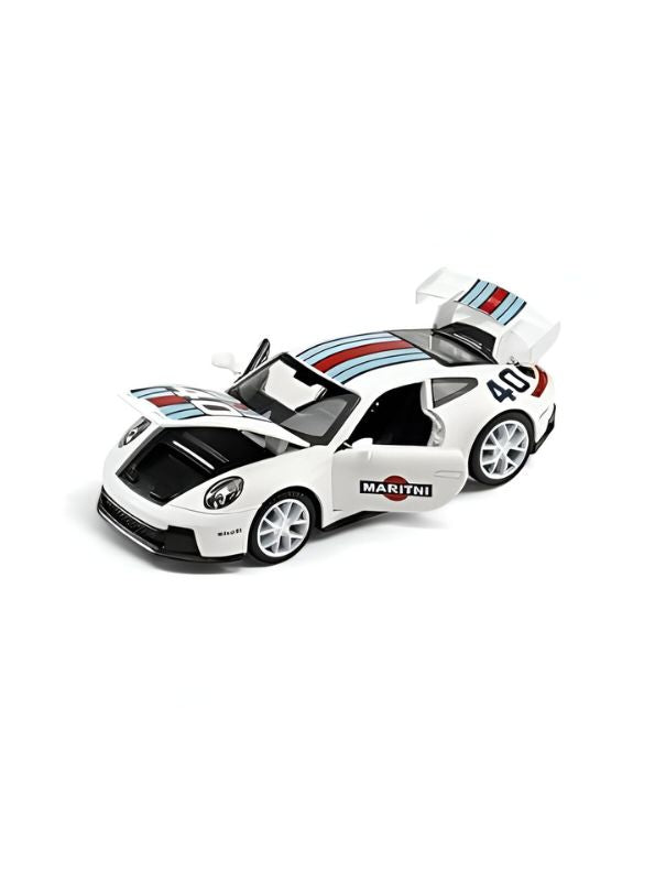 White - Porsche 911 GT3 RS Martini – Supercar Toy with Pull Back Action for Kids & Collectors F21008 Scale 1:32 - Acrylic Transparent Box.