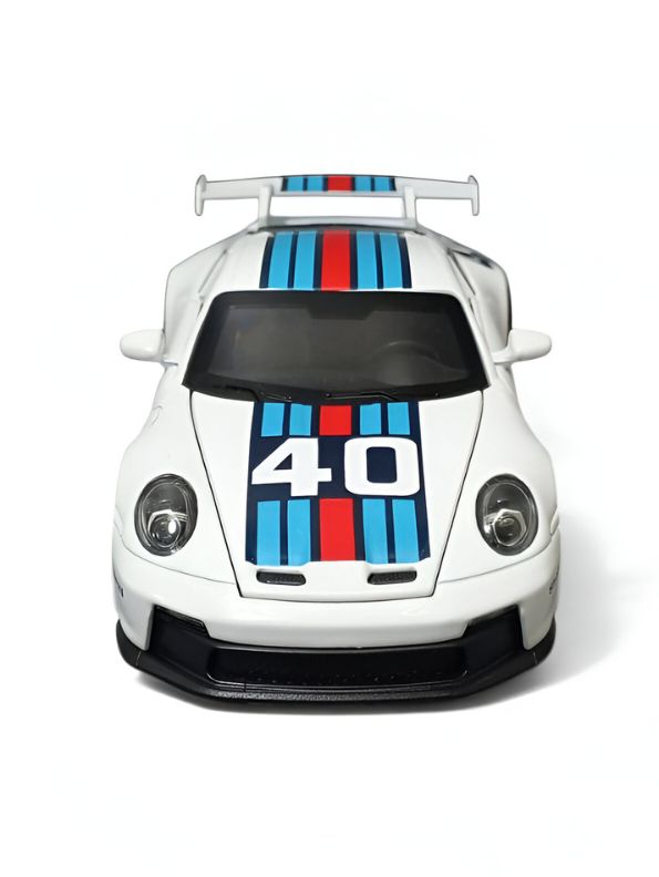 White - Porsche 911 GT3 RS Martini – Supercar Toy with Pull Back Action for Kids & Collectors F21008 Scale 1:32 - Acrylic Transparent Box.
