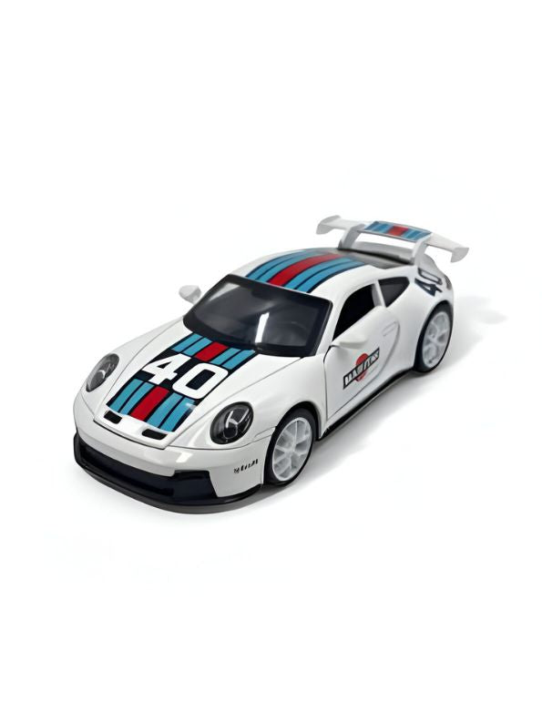 White - Porsche 911 GT3 RS Martini – Supercar Toy with Pull Back Action for Kids & Collectors F21008 Scale 1:32 - Acrylic Transparent Box.