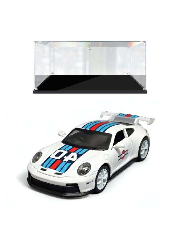 White - Porsche 911 GT3 RS Martini – Supercar Toy with Pull Back Action for Kids & Collectors F21008 Scale 1:32 - Acrylic Transparent Box.