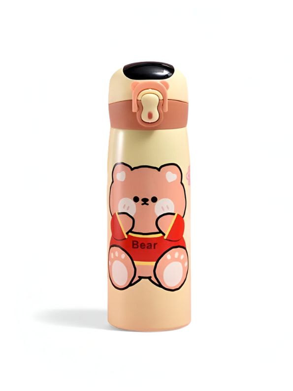Yellow - WildSip – Cute Animal Print Temperature Water Bottle – 450ml Stainless Steel Push Button Sipper for Kids & Adults NOV8341.