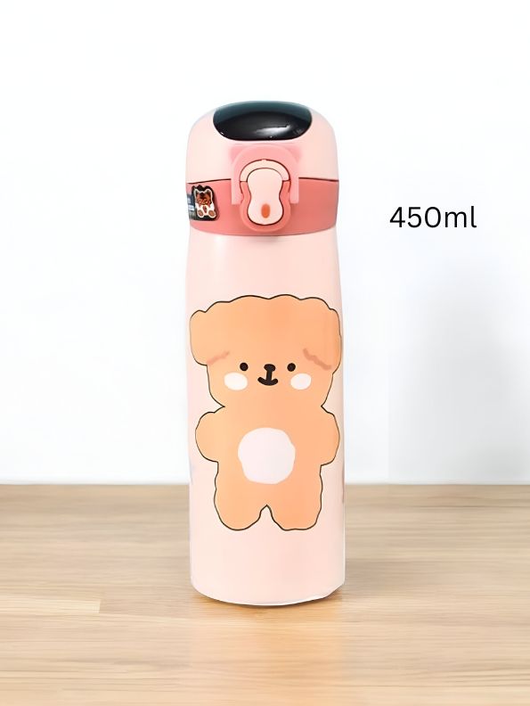 Pink - WildSip – Cute Animal Print Temperature Water Bottle – 450ml Stainless Steel Push Button Sipper for Kids & Adults NOV8341.
