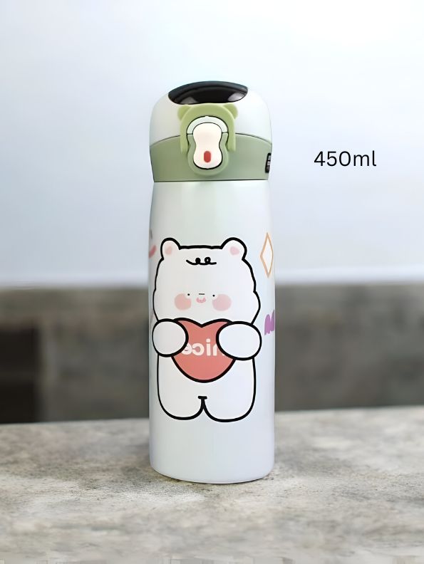 WildSip – Cute Animal Print Temperature Water Bottle – 450ml Stainless Steel Push Button Sipper for Kids & Adults NOV8341.