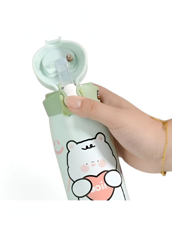 WildSip – Cute Animal Print Temperature Water Bottle – 450ml Stainless Steel Push Button Sipper for Kids & Adults NOV8341.