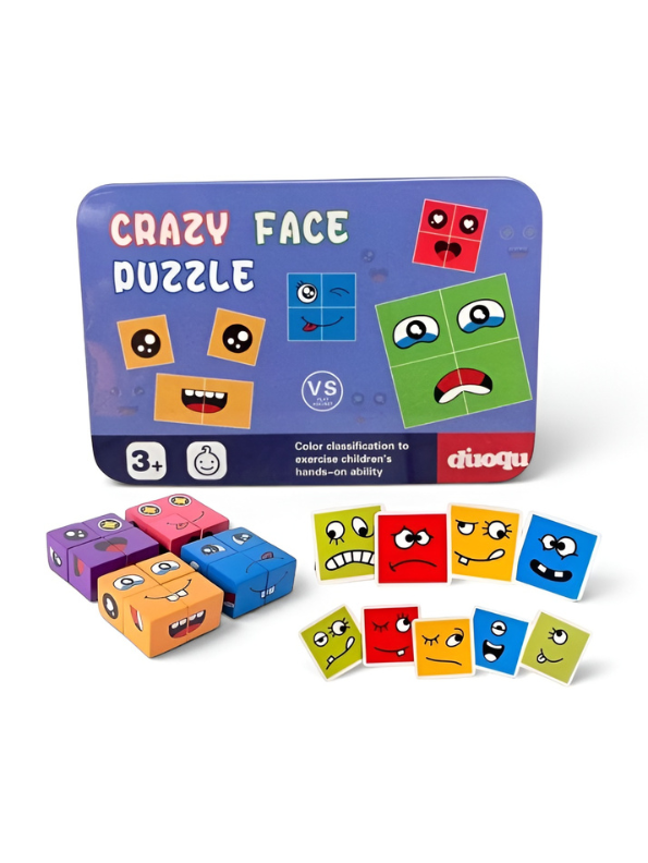 Wooden Face Changing Expression Puzzle Game | Montessori Emoji Pattern Matching Blocks Toy with Challenge Cards & Tin Box for Toddlers TV5152