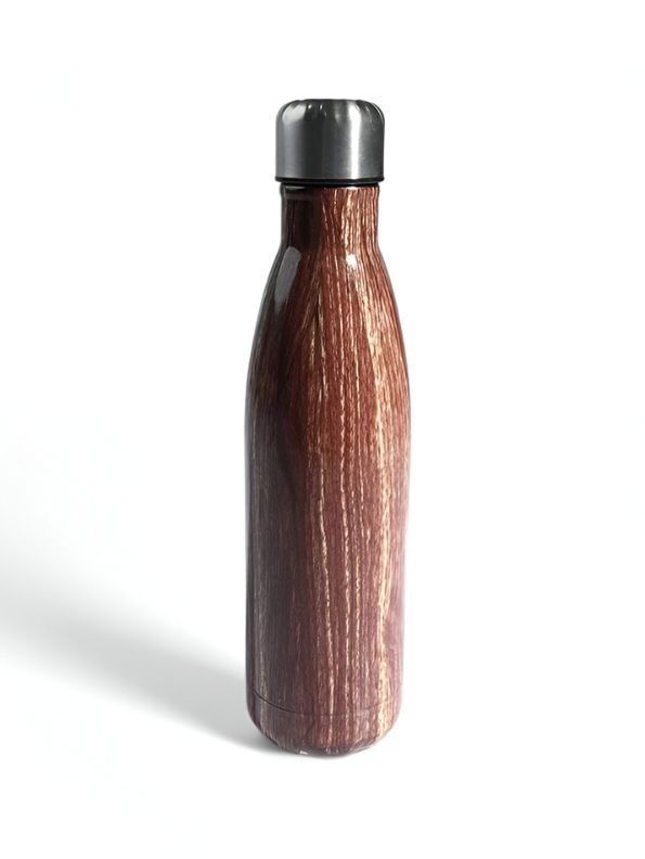 Brown - Wooden Finish Cap Bottle 500ml – Stainless Steel Water Bottle for Office, Travel & Gym | Leak-Proof & Eco-Friendly NOV8145.