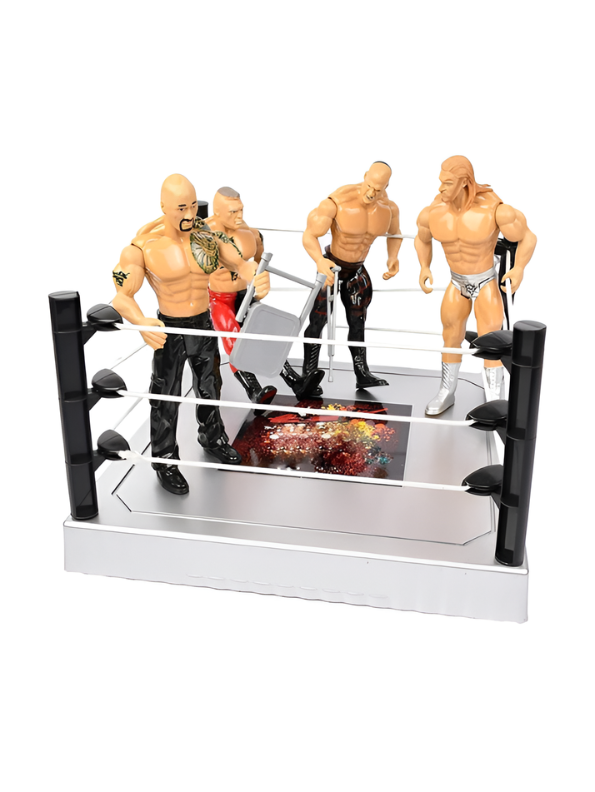 Wrestling Ring Toy Playset with 4 Articulated Action Figures – Includes Mini Toy Ladder, Barbells, Chainsaw, and Crutch Accessories – Fighting Hero Tournament Stage Play TV789