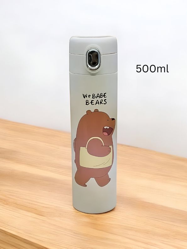 Green - Zoopy – Cute Print Kids Water Bottle 500ml Stainless Steel with Push Button Lid | Leak-Proof & BPA-Free NOV7104.