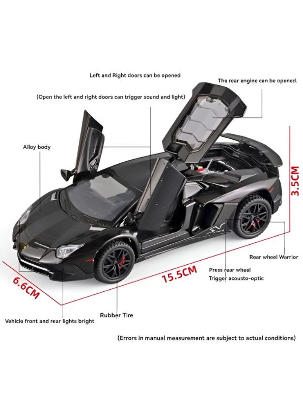 Black - Lamborghini Aventador LP750-4 Diecast Model Car 1:32 Scale – Mini Sports Car Toy for Kids.