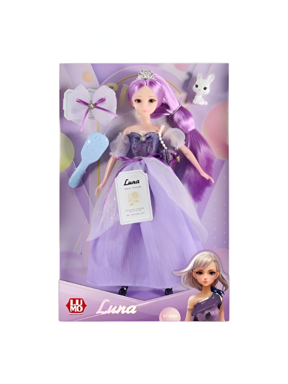 Luna Fashion Doll with Long Purple Hair, Elegant Gown & Pet Bunny – Collectible Toy for Ages 3+ NX15395