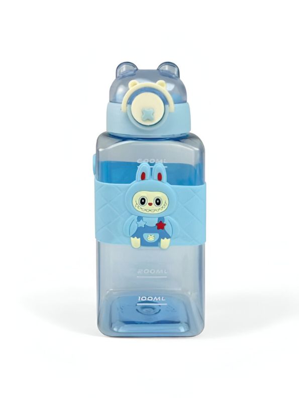 Labubu Inspired Kids' Water Bottle - Blue Square Shape with Cute Bunny Character & Bear Ears Lid NOVHBC-1881346
