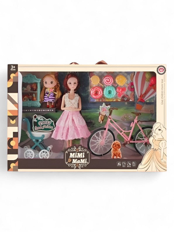 Mimi & Mami Family Doll Set with Pink Bicycle, Baby Stroller & Sweet Shop Accessories - Deluxe Gift NX13118