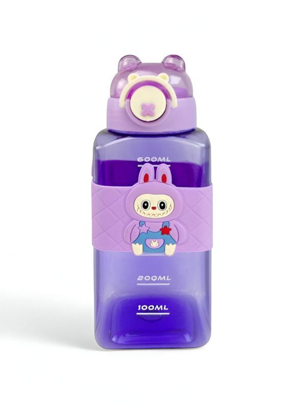 Labubu Inspired Kids' Water Bottle - Purple Square Shape with Cute Bunny Character & Bear Ears Lid NOVHBC-1881346