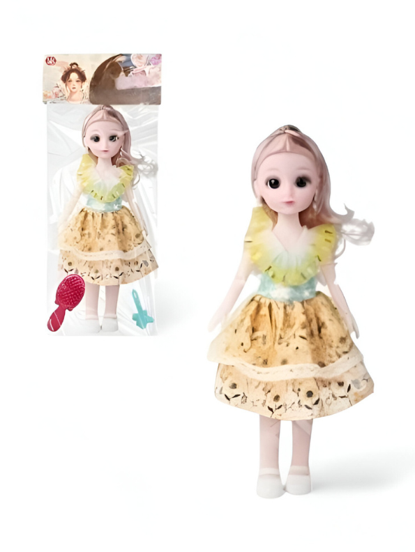 Fashion Doll (11-Inch) with Brown/Yellow Patterned Dress | Ombre Hair & Accessories Set LMI13932