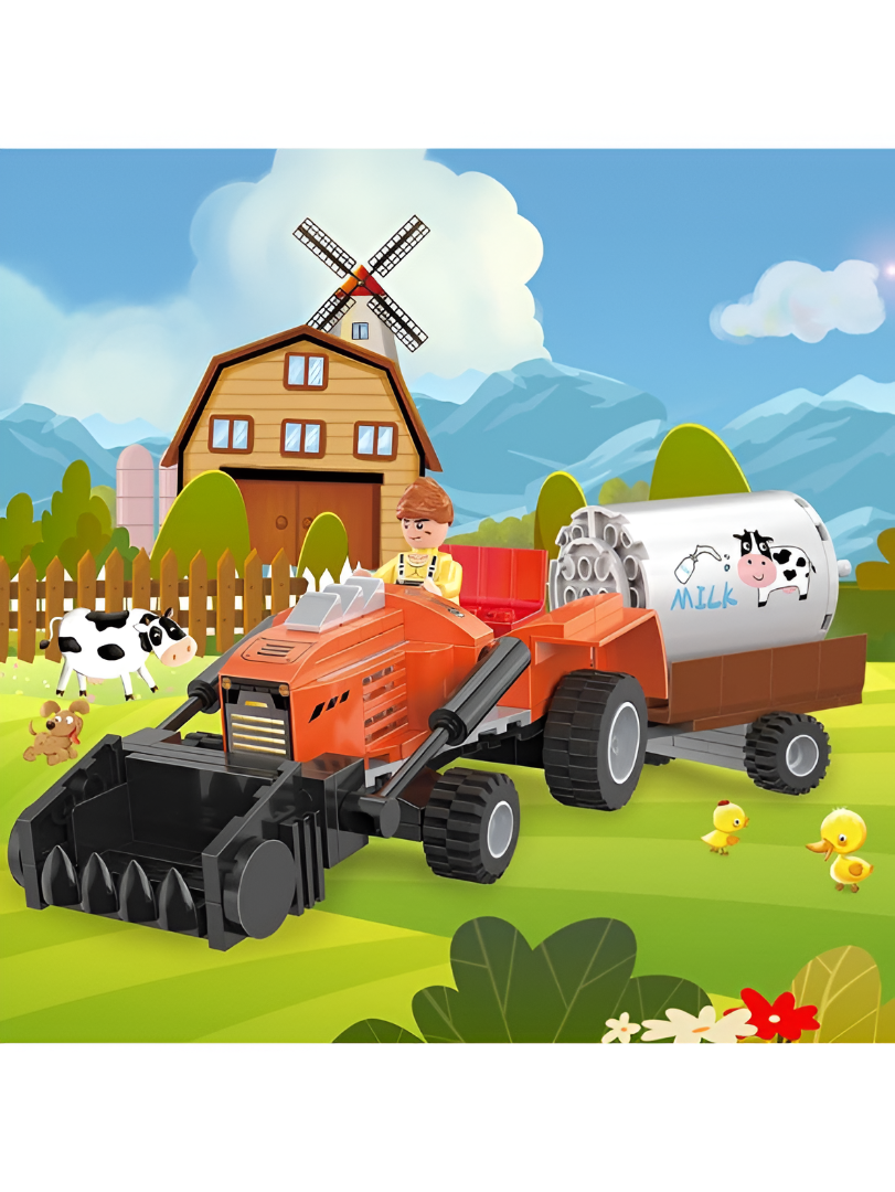 Farm Tractor and Milk Tanker Trailer Building Block Set - COGO CITY Building Block Set - Agricultural Vehicle Toy for Kids Ages 6+ TV5078