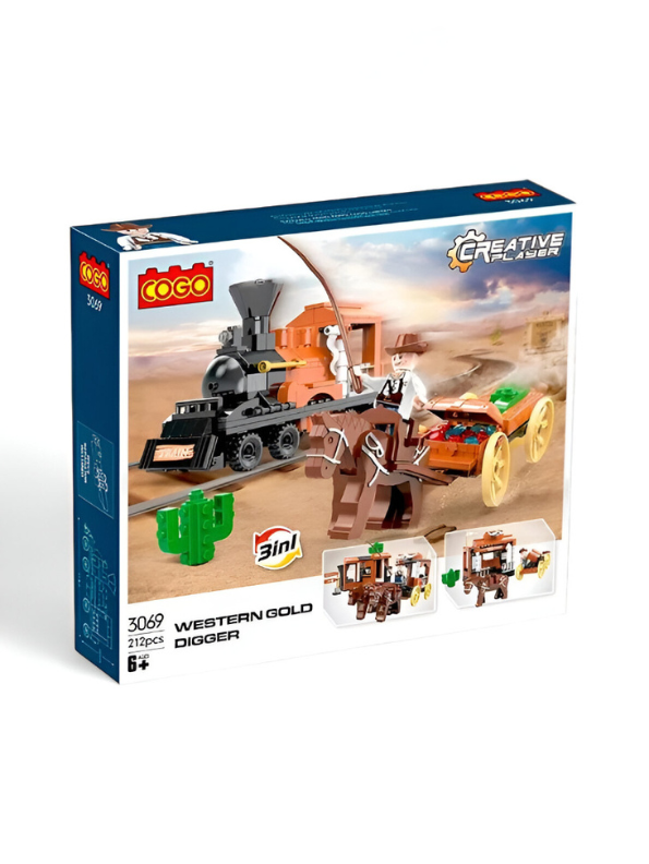 3-in-1 Western Gold Digger Building Block Set - 212 PCS Steam Train & Horse Wagon LEGO Set - COGO Cowboy Toy TV5632