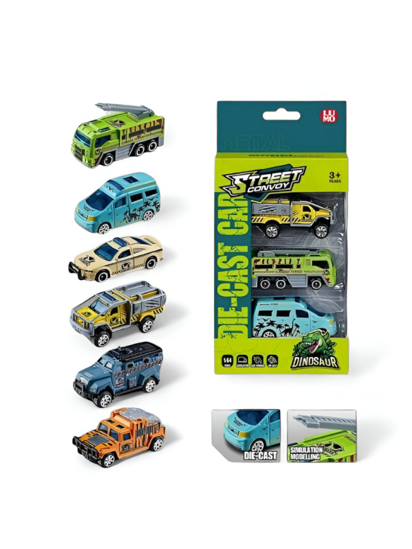 3-Pack Die-Cast Metal Toy Car Set | Dinosaur Theme Street Convoy Vehicles LMI15666