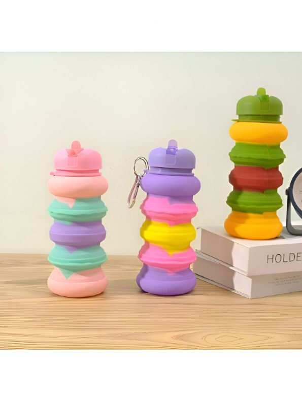 Stackable Collapsible Water Bottle with Carabiner Clip | Fun Silicone Kids' Sipper | Portable, Leak-Proof & BPA-Free" NOVGBT-9057
