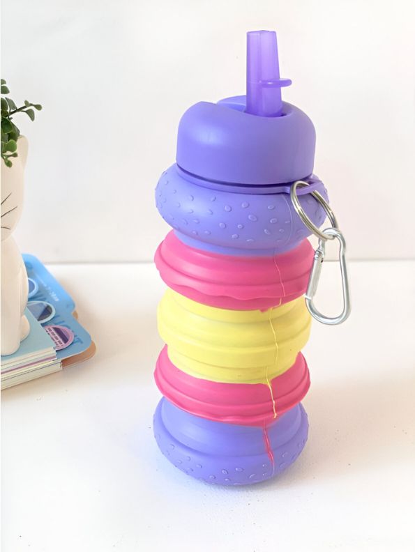Stackable Collapsible Water Bottle with Carabiner Clip | Fun Silicone Kids' Sipper | Portable, Leak-Proof & BPA-Free" NOVGBT-9057
