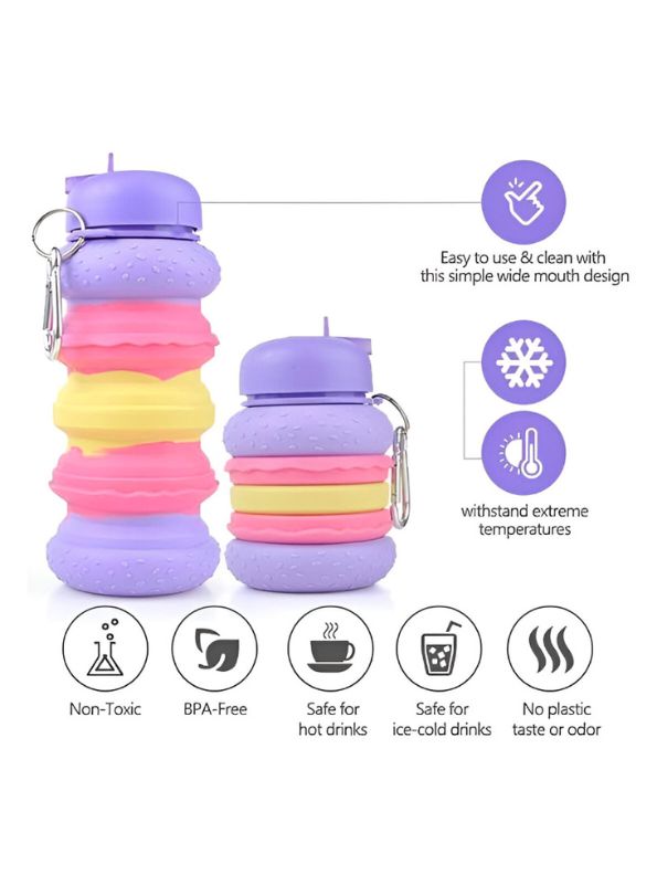 Stackable Collapsible Water Bottle with Carabiner Clip | Fun Silicone Kids' Sipper | Portable, Leak-Proof & BPA-Free" NOVGBT-9057