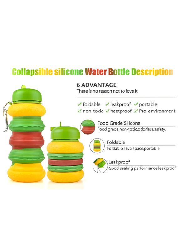 Collapsible Silicone Burger Water Bottle for Kids | Leak-Proof, BPA-Free Foldable Sipper for School & Travel NOVGBT-9057