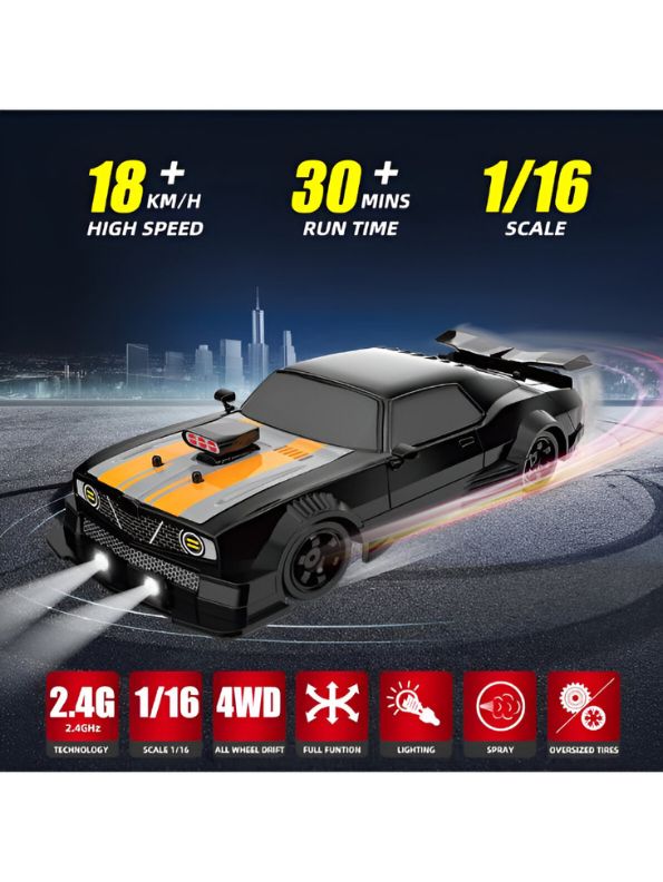 2.4GHz Remote Control Drift Car for Boys | High-Speed RC Racing Toy | Black & Orange Hobby Car Gift for Kids LMI15510.