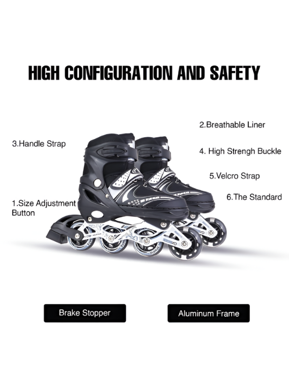 Sparkle Black Inline Roller Skates - Extendable Kids' Skates for Girls - White/Grey Accents LMI10750