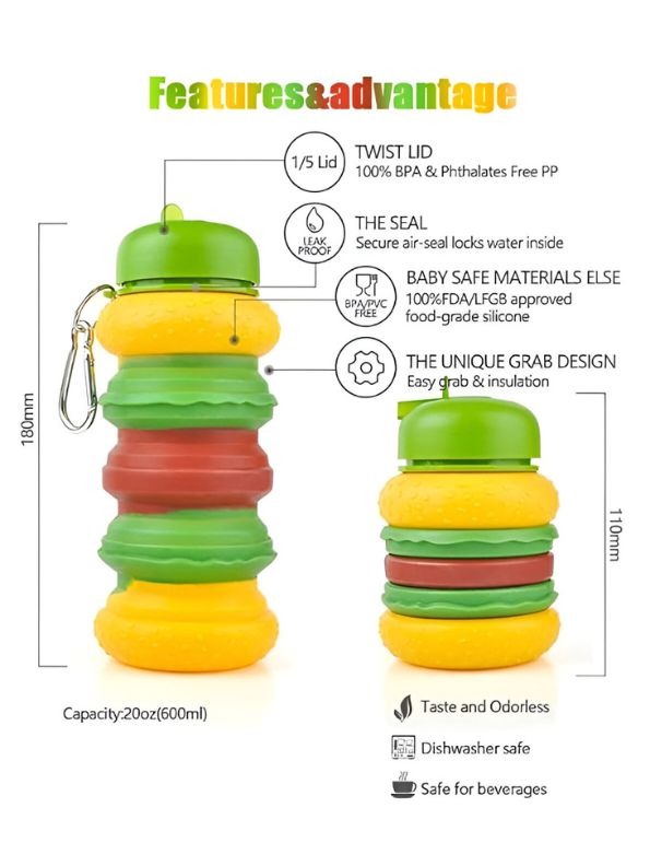 Collapsible Silicone Burger Water Bottle for Kids | Leak-Proof, BPA-Free Foldable Sipper for School & Travel NOVGBT-9057