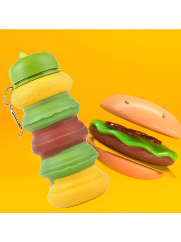 Collapsible Silicone Burger Water Bottle for Kids | Leak-Proof, BPA-Free Foldable Sipper for School & Travel NOVGBT-9057