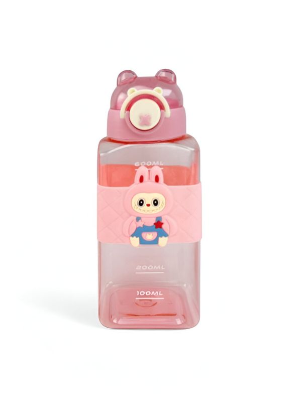 Labubu Inspired Kids' Water Bottle - Pink Square Shape with Cute Bunny Character & Bear Ears Lid NOVHBC-1881346