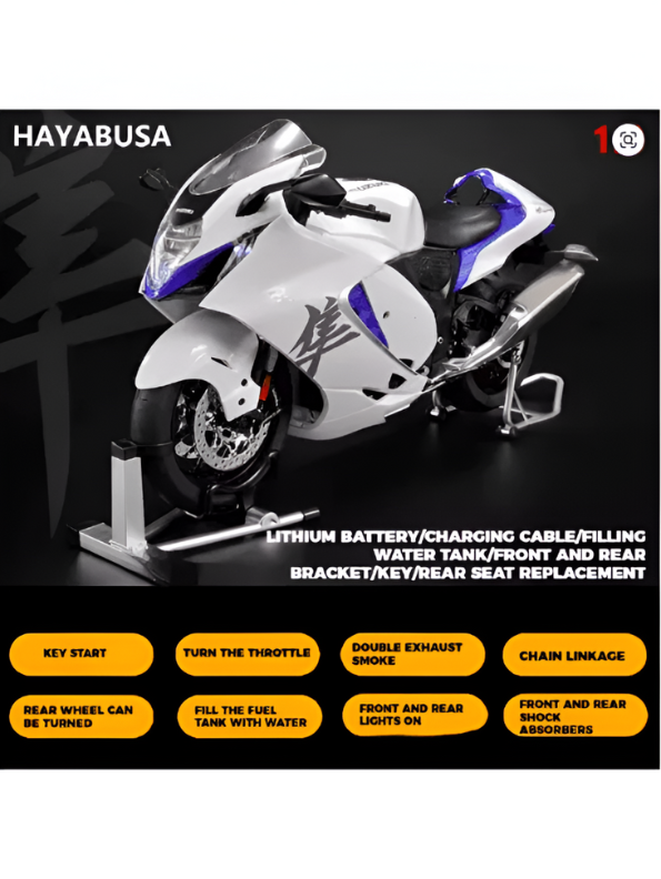 Suzuki Hayabusa GSX 1/6 Diecast Bike – Spray Feather, Collector’s Stand & Key Replica - White TV5904.