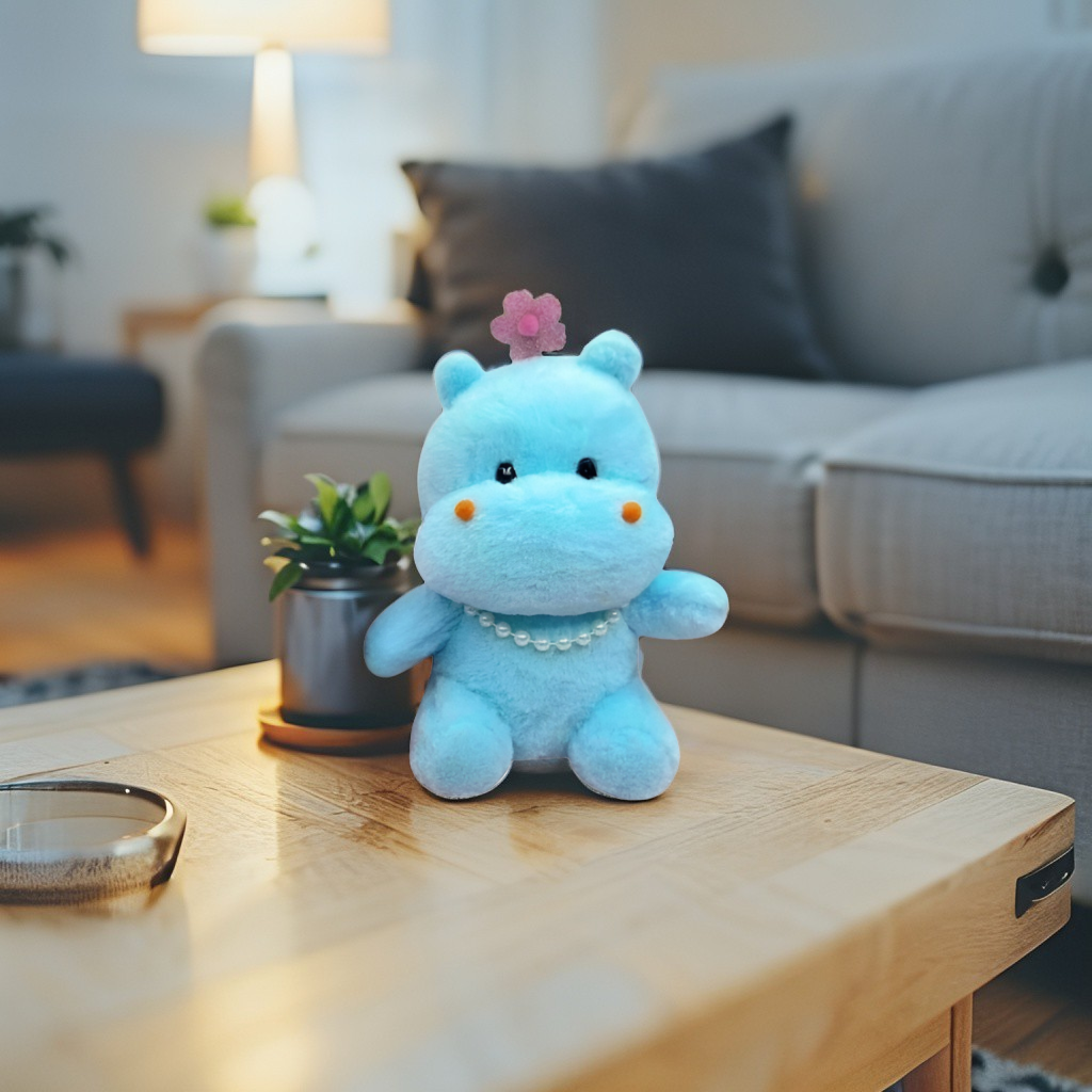 Blue Hippo Soft Toy - 8 Inch Stuffed Animal with Pearls and Flower - Cute & Cuddly Plush Toy for Kids LMI11612
