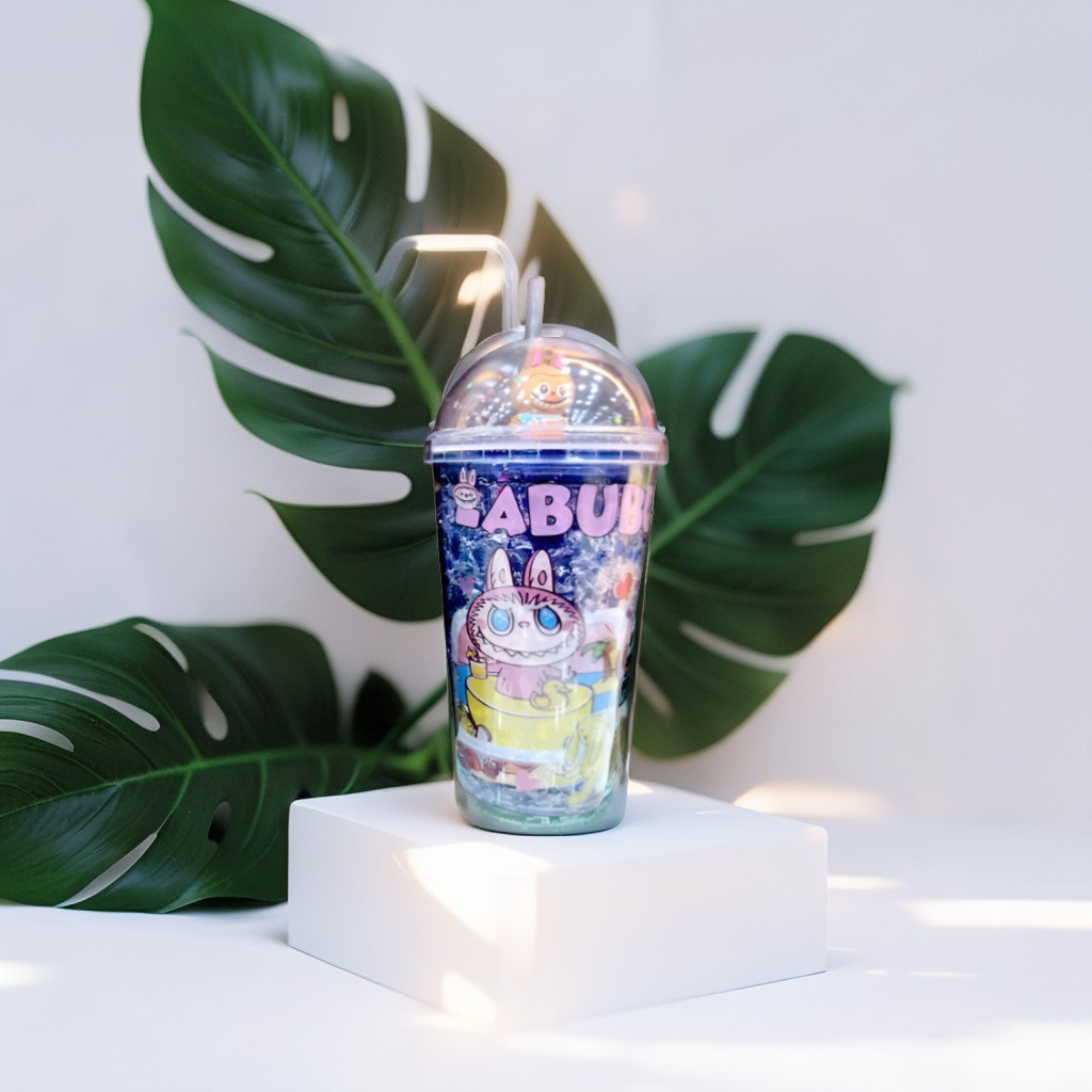 Blue - Labubu Sipper Cup with Straw 450ml – Cute Leak-Proof Water Bottle for Kids & Collectors NOVGBT-50002.